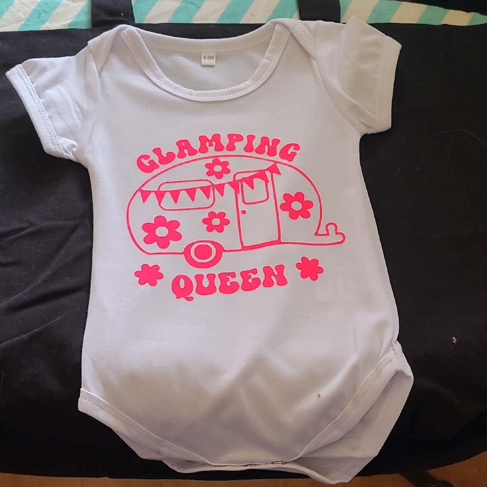 Handmade New White Baby Onesie with Pink Glamping Queen Design